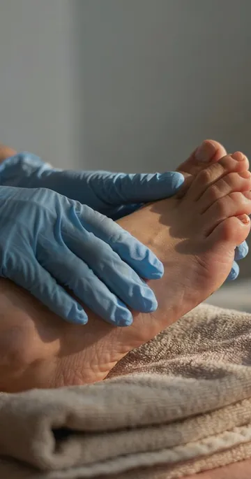 Handen in handschoenen verzorgen een ontspannen voet die op een zachte handdoek rust. Op de achtergrond een schaal water met een takje salie.